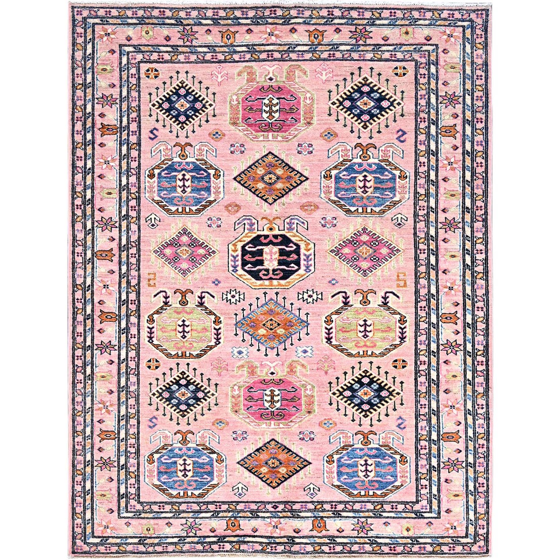 Flamingo Pink and Navajo White, Denser Weave, 100% Wool, Hand Knotted, Afghan Super Kazak With Geometric Medallions, Natural Dyes, Oriental Rug